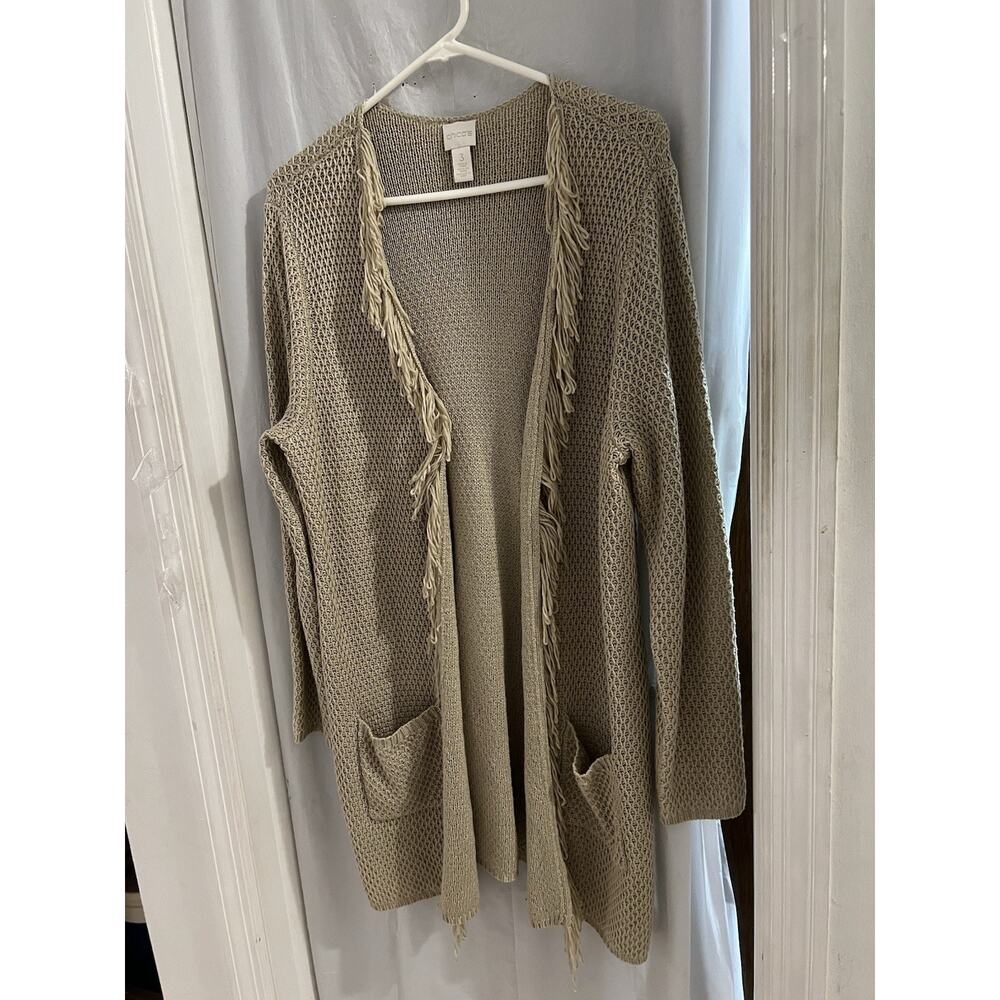 Chicos Tan Long Line Fringe Talia Open Cardigan Sz 3/xl